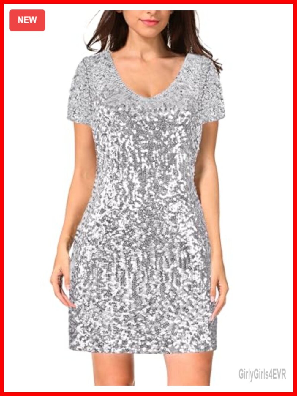 Sequin Glitter Short Sleeve Mini Bodycon Party Club Dress V-Neck